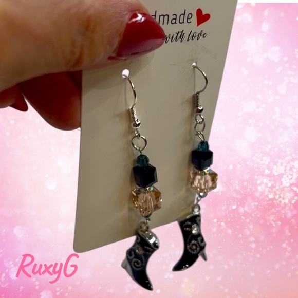 597. Black and Silver Boot Earrings w/ Sworaski Crystal - Picture 5 of 8